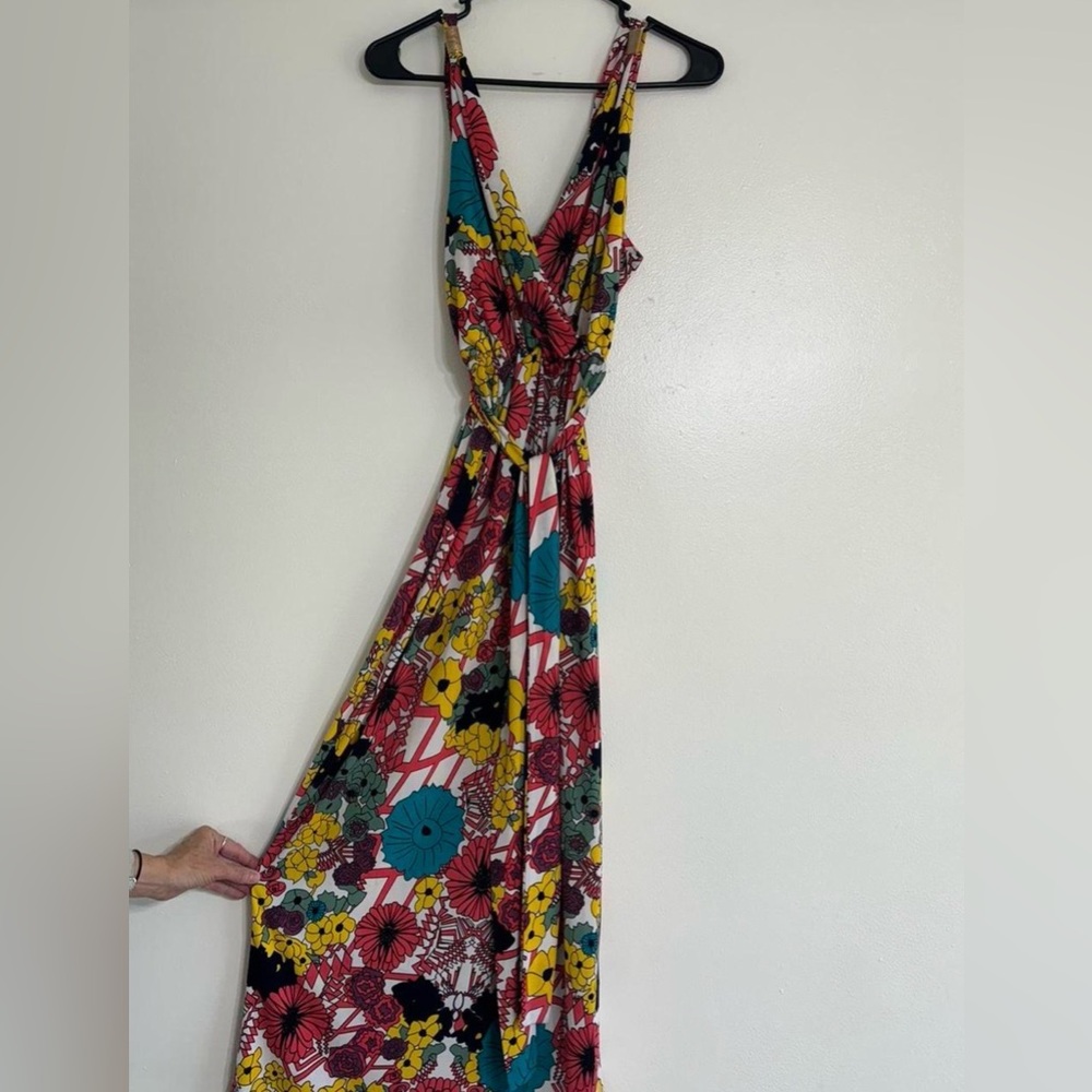 Tracy Negoshian Floral V-Neck Maxi Dress in Teal, Yellow & Pink